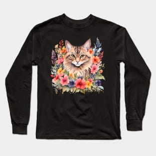 A norwegian forest cat decorated with beautiful watercolor flowers Long Sleeve T-Shirt